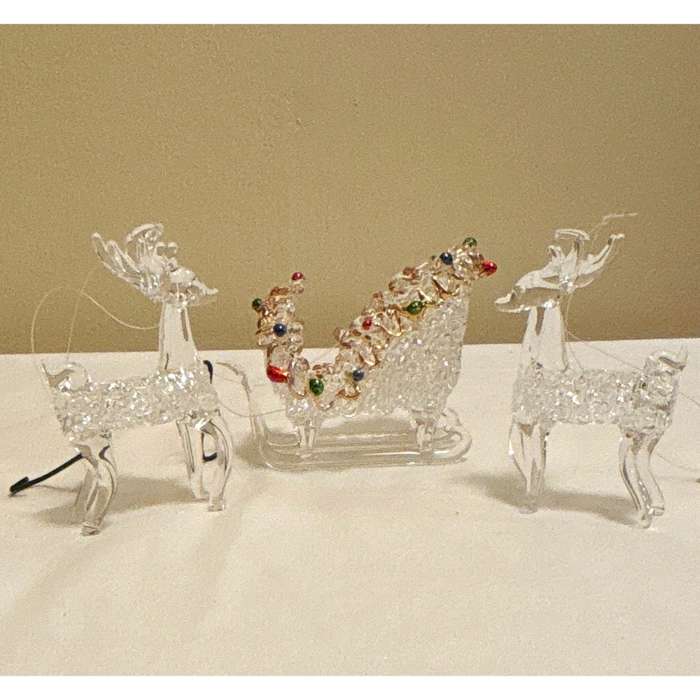 Clear Glass Glossy Christmas Sleigh & Reindeer Ornaments 3pc Lot
